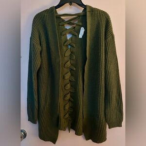 Planet Gold Chunky Lace-up Cardigan Green, Size L